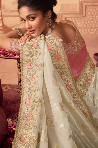  off white multi thread work  viscose saree with unstitched blouse