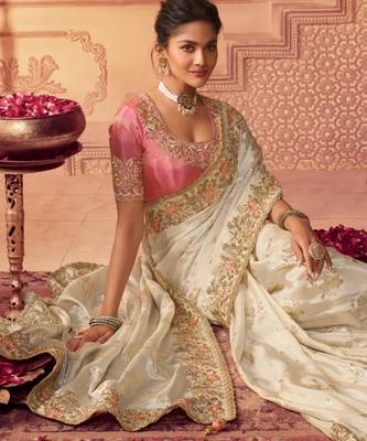  off white multi thread work  viscose saree with unstitched blouse 3