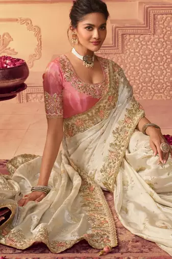 off white multi thread work  viscose saree with unstitched blouse
