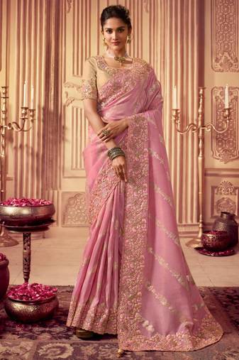  baby pink resham & zari embroidery  viscose saree with unstitched blouse