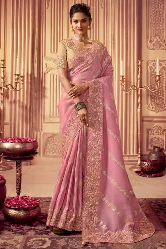  baby pink resham & zari embroidery  viscose saree with unstitched blouse