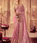  baby pink resham & zari embroidery  viscose saree with unstitched blouse