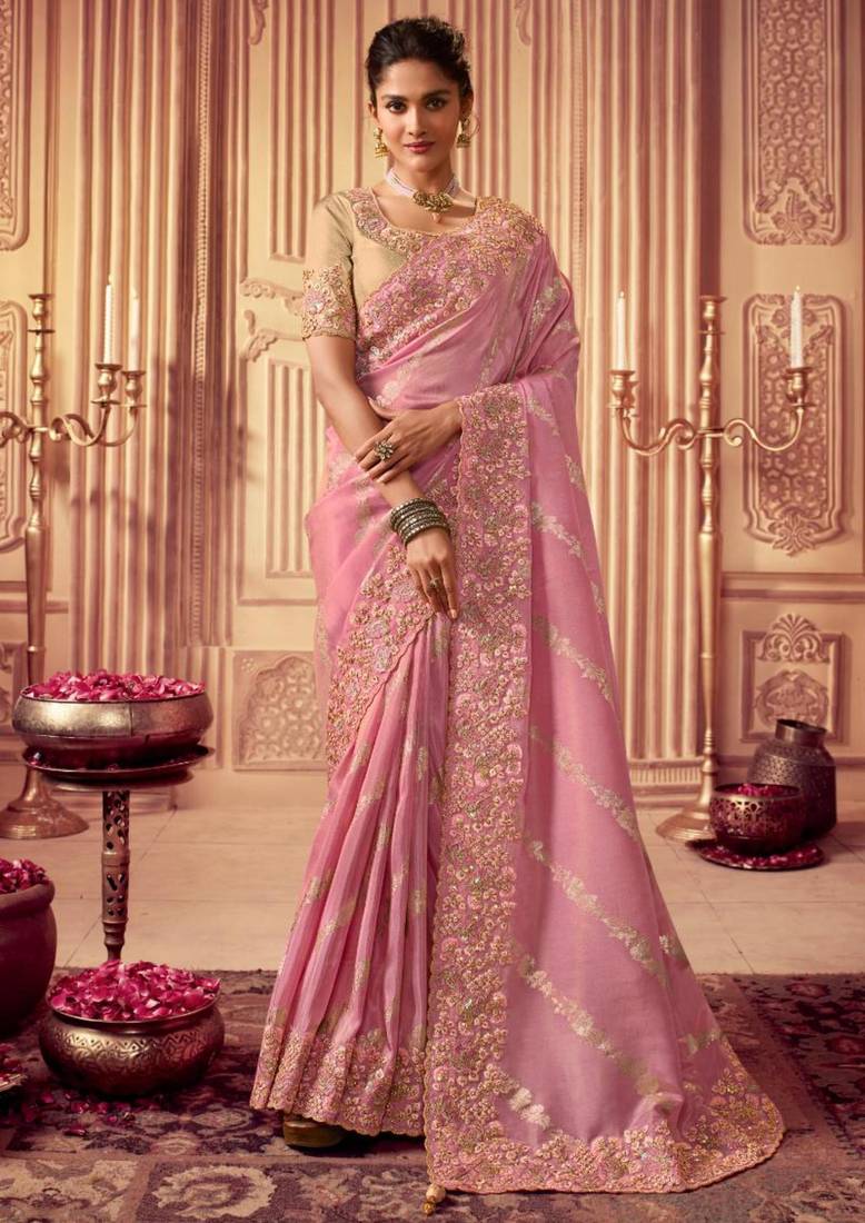  baby pink resham & zari embroidery  viscose saree with unstitched blouse