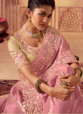  baby pink resham & zari embroidery  viscose saree with unstitched blouse 2