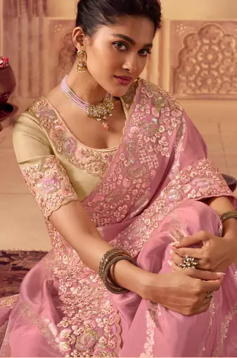  baby pink resham & zari embroidery  viscose saree with unstitched blouse