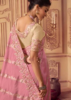  baby pink resham & zari embroidery  viscose saree with unstitched blouse 3