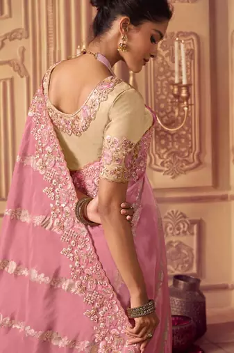  baby pink resham & zari embroidery  viscose saree with unstitched blouse