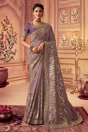  dusty onion pink multi work  viscose saree with unstitched blouse