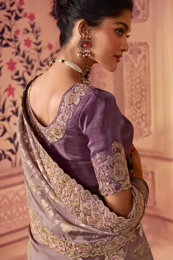  dusty onion pink multi work  viscose saree with unstitched blouse