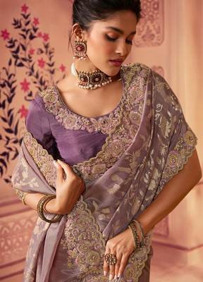  dusty onion pink multi work  viscose saree with unstitched blouse 3