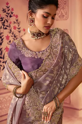  dusty onion pink multi work  viscose saree with unstitched blouse