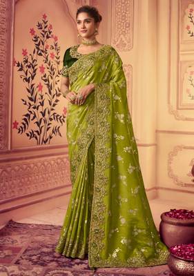 parrot green multi thread work  viscose saree with unstitched blouse 1