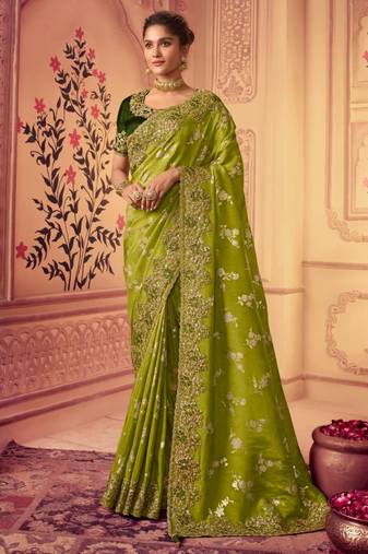 parrot green multi thread work  viscose saree with unstitched blouse