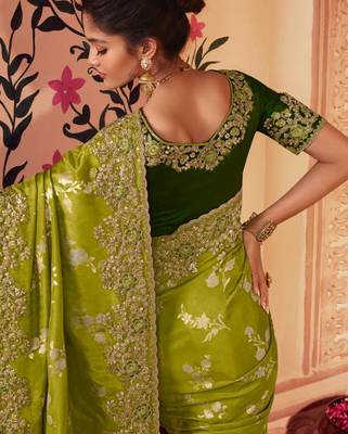 parrot green multi thread work  viscose saree with unstitched blouse 2