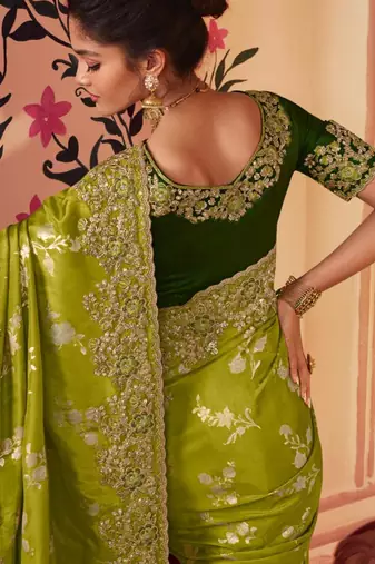parrot green multi thread work  viscose saree with unstitched blouse