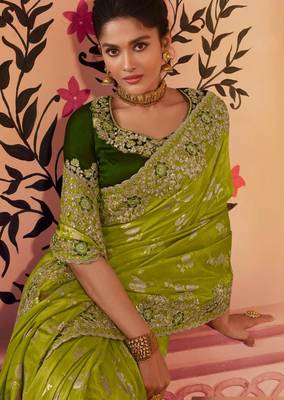 parrot green multi thread work  viscose saree with unstitched blouse 3