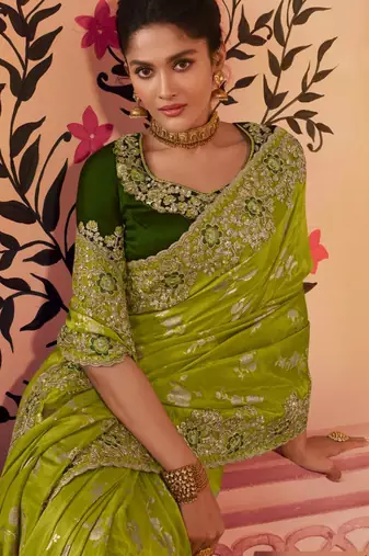 parrot green multi thread work  viscose saree with unstitched blouse