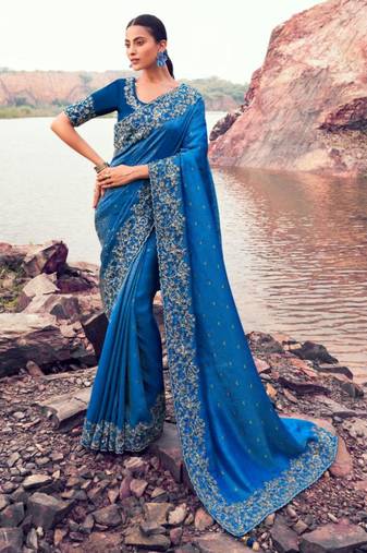  royal blue resham & zari embroidery  satin silk saree with unstitched blouse