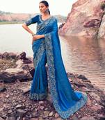  royal blue resham & zari embroidery  satin silk saree with unstitched blouse