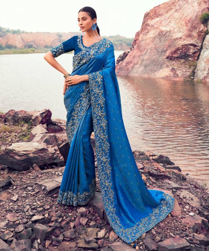  royal blue resham & zari embroidery  satin silk saree with unstitched blouse