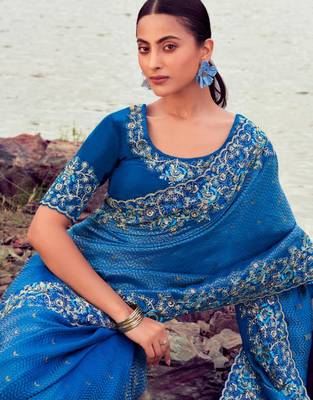  royal blue resham & zari embroidery  satin silk saree with unstitched blouse 2