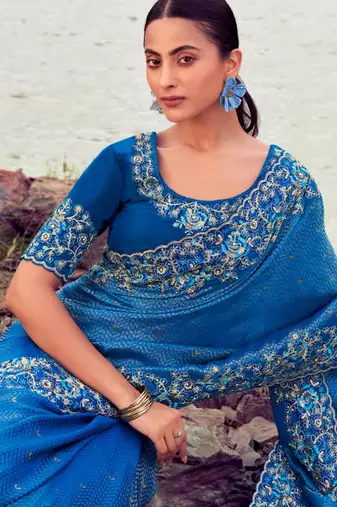  royal blue resham & zari embroidery  satin silk saree with unstitched blouse
