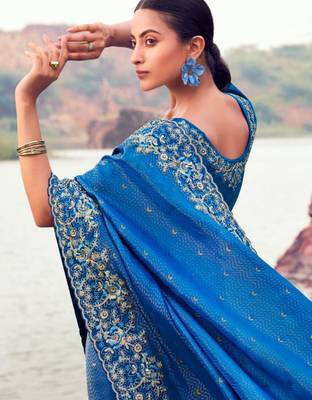  royal blue resham & zari embroidery  satin silk saree with unstitched blouse 3