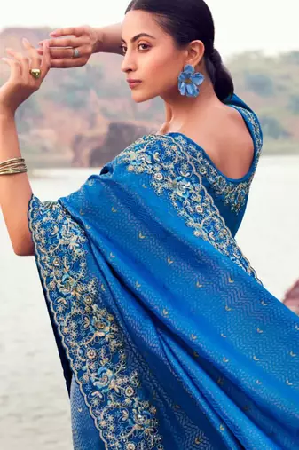  royal blue resham & zari embroidery  satin silk saree with unstitched blouse