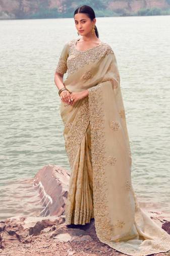 Kanjivaram beige multi work tissue silk saree with unstitched blouse