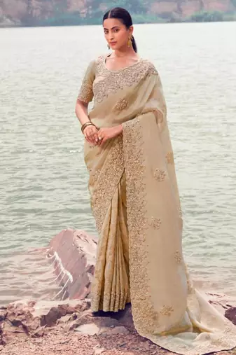 Kanjivaram beige multi work tissue silk saree with unstitched blouse