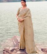Kanjivaram beige multi work tissue silk saree with unstitched blouse