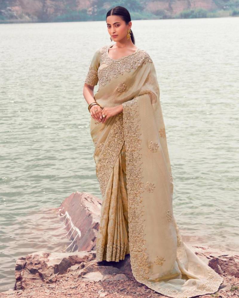 Kanjivaram beige multi work tissue silk saree with unstitched blouse