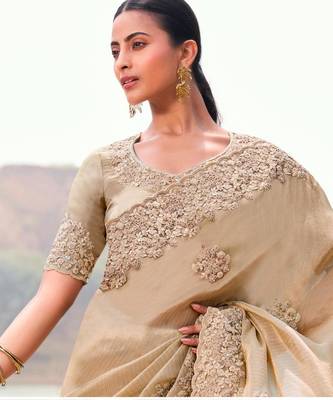 Kanjivaram beige multi work tissue silk saree with unstitched blouse 2