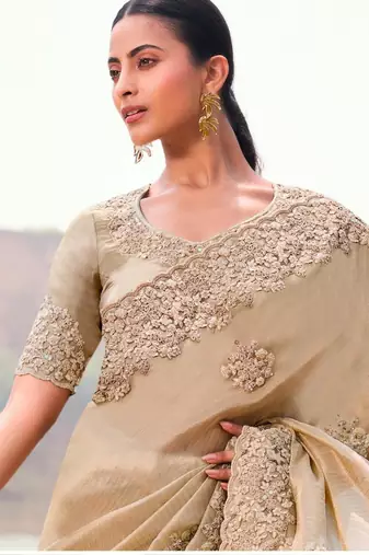 Kanjivaram beige multi work tissue silk saree with unstitched blouse