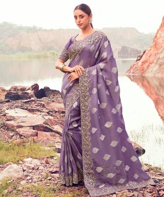  purple multi thread work tissue silk saree with unstitched blouse 1