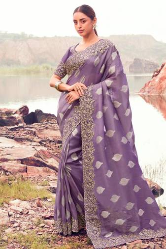  purple multi thread work tissue silk saree with unstitched blouse