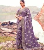  purple multi thread work tissue silk saree with unstitched blouse
