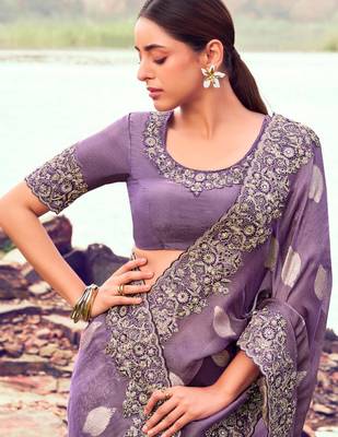  purple multi thread work tissue silk saree with unstitched blouse 2