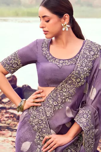  purple multi thread work tissue silk saree with unstitched blouse