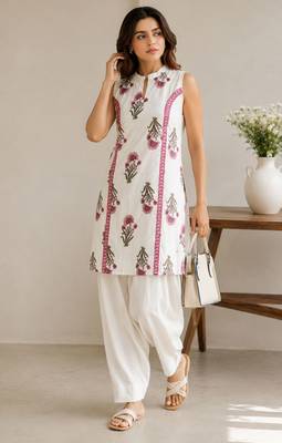 White elegant floral printed kurta set with contemporary styling & effortless charm 1