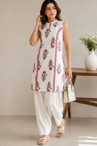 White elegant floral printed kurta set with contemporary styling & effortless charm