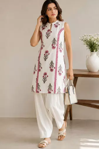 White elegant floral printed kurta set with contemporary styling & effortless charm
