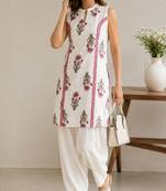 White elegant floral printed kurta set with contemporary styling & effortless charm