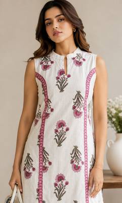 White elegant floral printed kurta set with contemporary styling & effortless charm 2