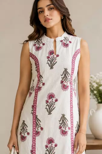 White elegant floral printed kurta set with contemporary styling & effortless charm