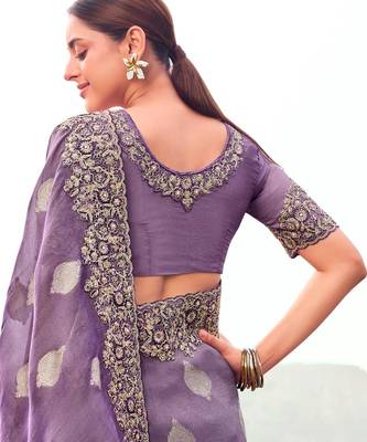  purple multi thread work tissue silk saree with unstitched blouse 3