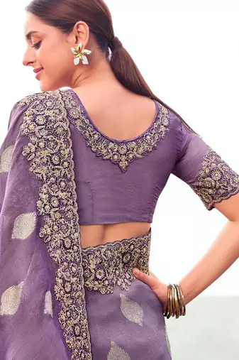  purple multi thread work tissue silk saree with unstitched blouse