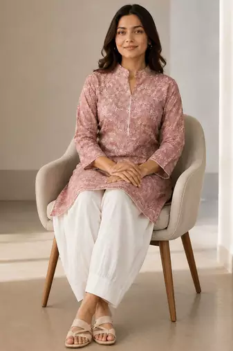 Elegant mandarin collar floral print pink kurta set