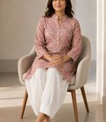Elegant mandarin collar floral print pink kurta set