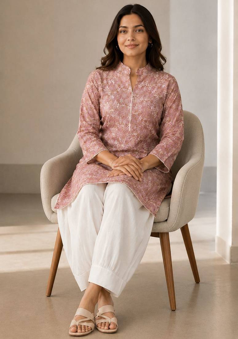 Elegant mandarin collar floral print pink kurta set